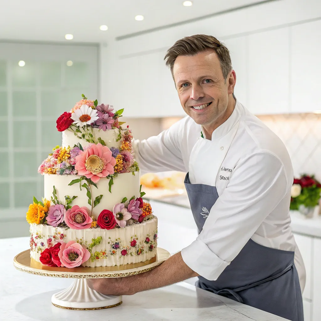 David Lawson presenting a floral cake design