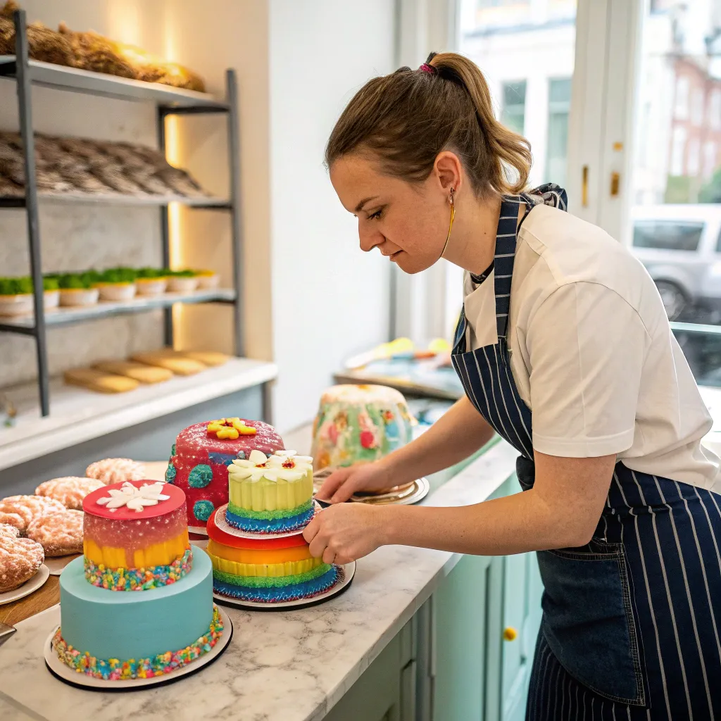 Sophie Bennett arranging a colorful cake display